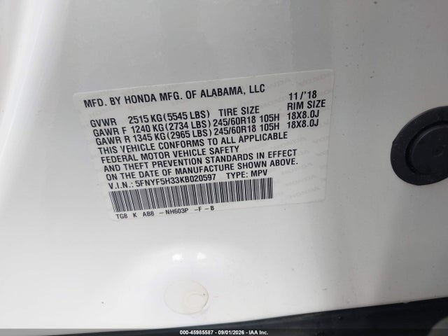 45985587 :رقم المزاد ، 5FNYF5H33KB020597 vin ، 2019 Honda Pilot Ex مزاد بيع