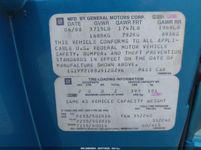 Продаж на аукціоні авто 1988 Chevrolet Corvette, vin: 1G1YY2188J5120296, номер лоту: 45985594