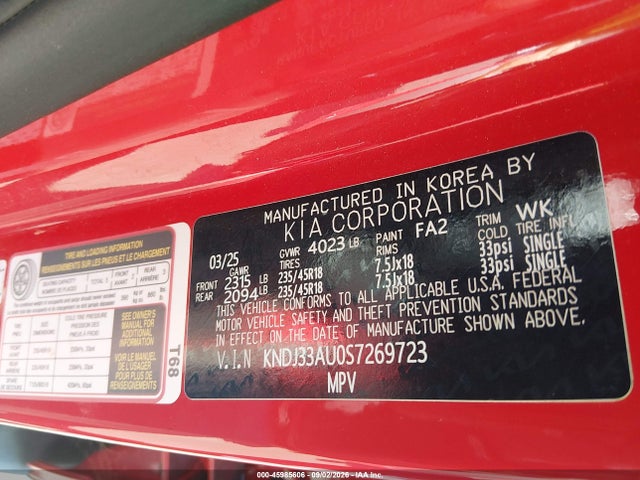 2025 Kia Soul Ex მანქანა იყიდება აუქციონზე, vin: KNDJ33AU0S7269723, აუქციონის ნომერი: 45985606