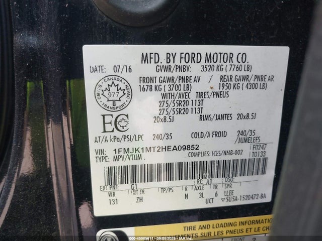 2017 Ford Expedition Max Platinum მანქანა იყიდება აუქციონზე, vin: 1FMJK1MT2HEA09852, აუქციონის ნომერი: 45985611