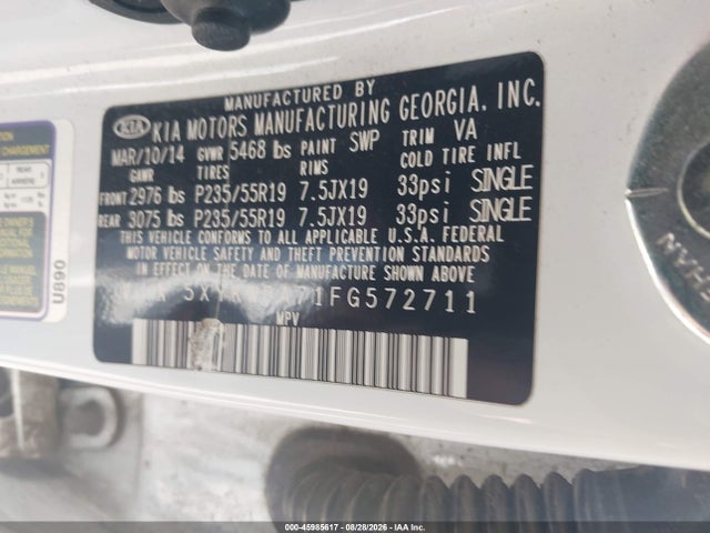 45985617 :رقم المزاد ، 5XYKWDA71FG572711 vin ، 2015 Kia Sorento Limited V6 مزاد بيع