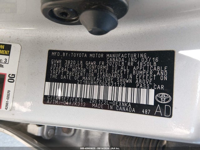 Продаж на аукціоні авто 2016 Toyota Corolla Le, vin: 2T1BURHE0GC631123, номер лоту: 45985625