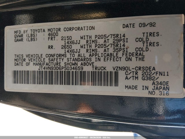 45985637 :رقم المزاد ، JT4VN93D6P5034659 vin ، 1993 Toyota Pickup 1/2 Ton Ex Long Whlbse Dx مزاد بيع