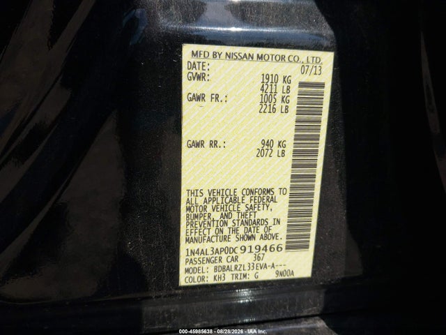 2013 Nissan Altima 2.5 S მანქანა იყიდება აუქციონზე, vin: 1N4AL3AP0DC919466, აუქციონის ნომერი: 45985638