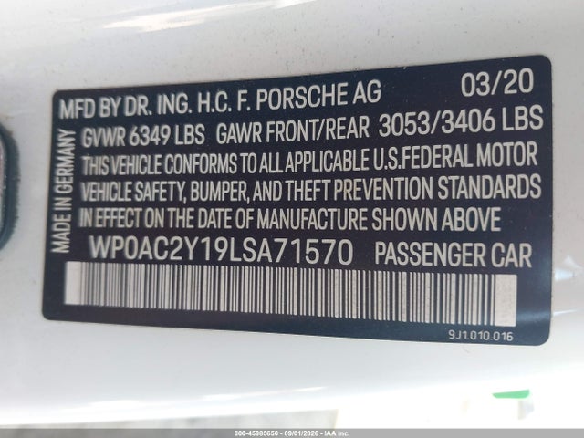 Aukcja sprzedaży 2020 Porsche Taycan Turbo, vin: WP0AC2Y19LSA71570, numer aukcji: 45985650