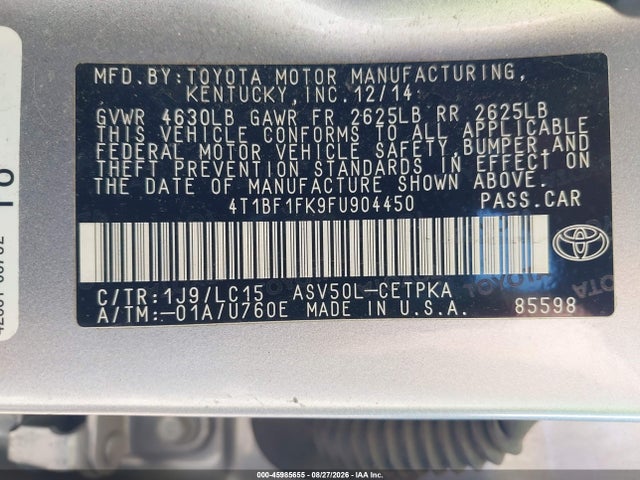 2015 Toyota Camry Xse მანქანა იყიდება აუქციონზე, vin: 4T1BF1FK9FU904450, აუქციონის ნომერი: 45985655