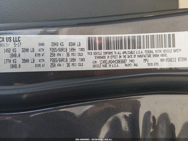 Aukcja sprzedaży 2017 Dodge Durango Sxt Awd, vin: 1C4RDJAG4HC883687, numer aukcji: 45985662
