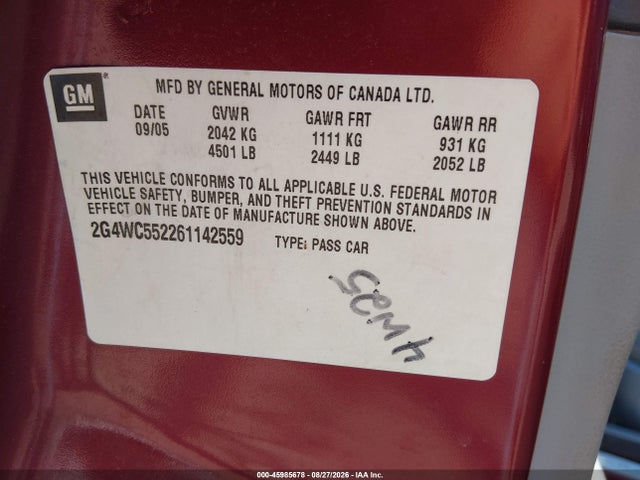 45985678 :رقم المزاد ، 2G4WC552261142559 vin ، 2006 Buick Lacrosse Cx مزاد بيع