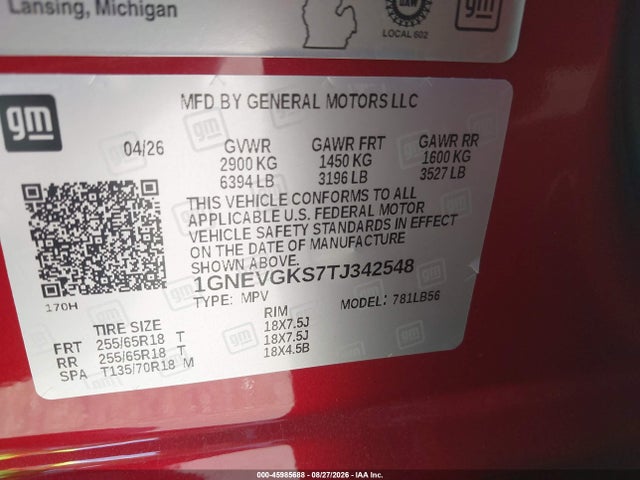 Aukcja sprzedaży 2026 Chevrolet Traverse Awd Lt, vin: 1GNEVGKS7TJ342548, numer aukcji: 45985688