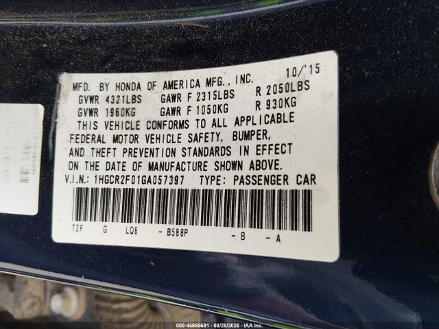 Продажа на аукционе авто 2016 Honda Accord Ex, vin: 1HGCR2F01GA057397, номер лота: 45985691