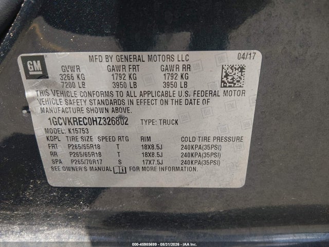 45985699 :رقم المزاد ، 1GCVKREC0HZ326802 vin ، 2017 Chevrolet Silverado 1500 2lt مزاد بيع