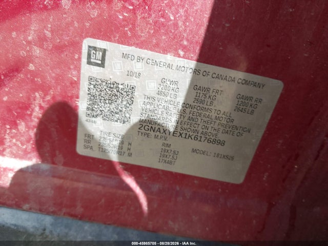 Aukcja sprzedaży 2019 Chevrolet Equinox Premier, vin: 2GNAXYEX1K6176898, numer aukcji: 45985705