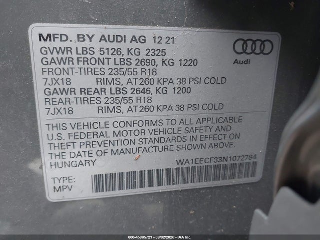 Продаж на аукціоні авто 2022 Audi Q3 Premium Plus 45 Tfsi S Line Quattro Tiptronic, vin: WA1EECF33N1072784, номер лоту: 45985721