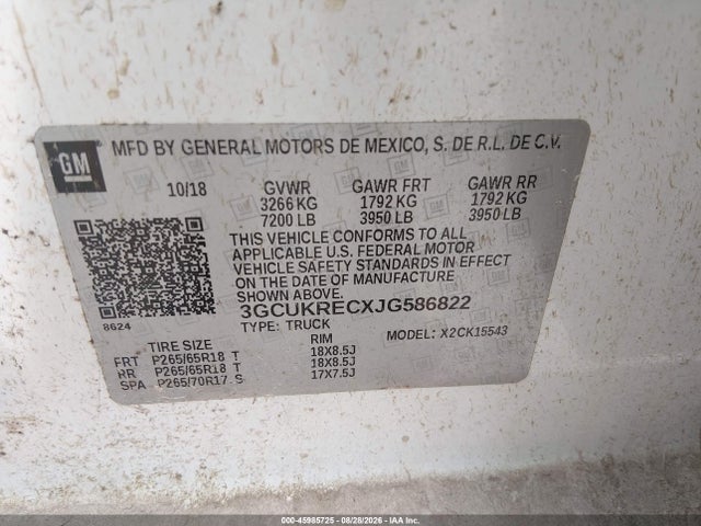 2018 Chevrolet Silverado 1500 2lt მანქანა იყიდება აუქციონზე, vin: 3GCUKRECXJG586822, აუქციონის ნომერი: 45985725