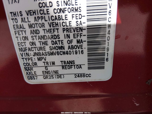 Продаж на аукціоні авто 2012 Nissan Rogue Sv, vin: JN8AS5MV6CW401916, номер лоту: 45985732