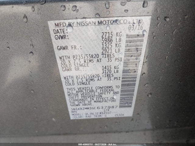 Nissan Pathfinder Platinum 2016 5N1AR2MM3GC637987 Image 9