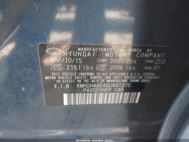 KMHDH4AE4GU491375 Hyundai Elantra Value Edition