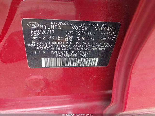Aukcja sprzedaży 2017 Hyundai Elantra Value Edition, vin: KMHD84LF8HU409218, numer aukcji: 45985759