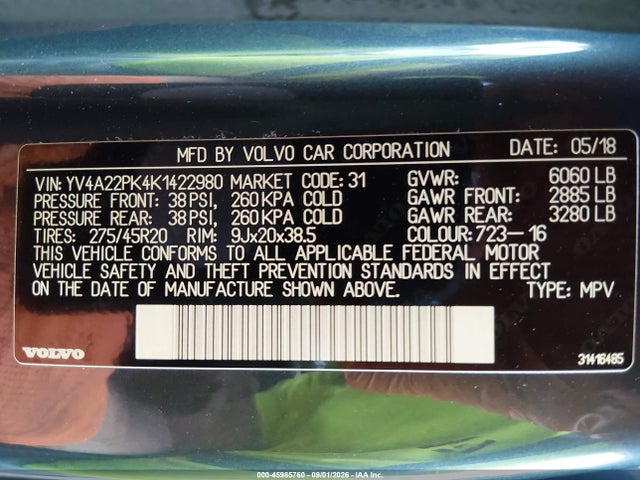 45985760 :رقم المزاد ، YV4A22PK4K1422980 vin ، 2019 Volvo Xc90 T6 Momentum مزاد بيع