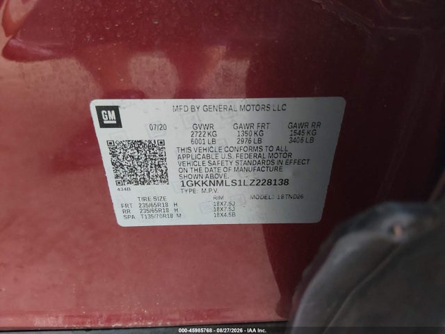 Aukcja sprzedaży 2020 Gmc Acadia Fwd Slt, vin: 1GKKNMLS1LZ228138, numer aukcji: 45985768