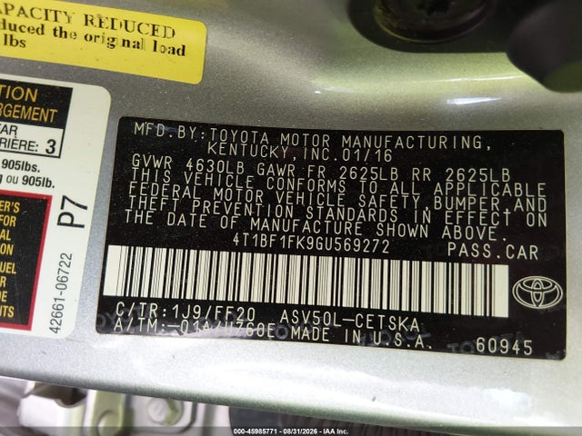 2016 Toyota Camry Se მანქანა იყიდება აუქციონზე, vin: 4T1BF1FK9GU569272, აუქციონის ნომერი: 45985771