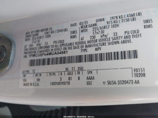 45985778 :رقم المزاد ، 1FMCU0F64MUA04981 vin ، 2021 Ford Escape S مزاد بيع