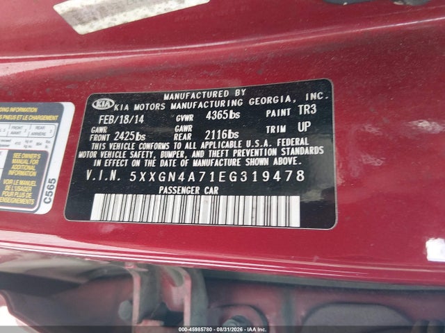 Auction sale of the 2014 Kia Optima Ex, vin: 5XXGN4A71EG319478, lot number: 45985780