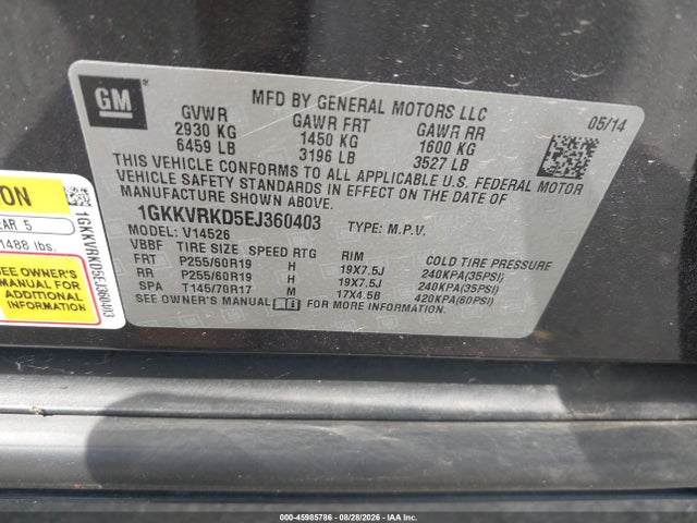 Aukcja sprzedaży 2014 Gmc Acadia Slt-1, vin: 1GKKVRKD5EJ360403, numer aukcji: 45985786
