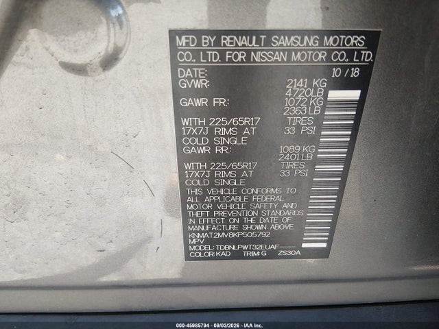 Aukcja sprzedaży 2019 Nissan Rogue S, vin: KNMAT2MV8KP505792, numer aukcji: 45985794