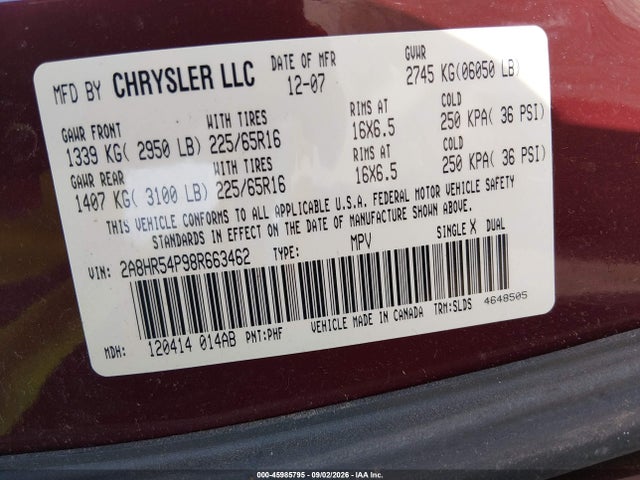 Aukcja sprzedaży 2008 Chrysler Town & Country Touring, vin: 2A8HR54P98R663462, numer aukcji: 45985795