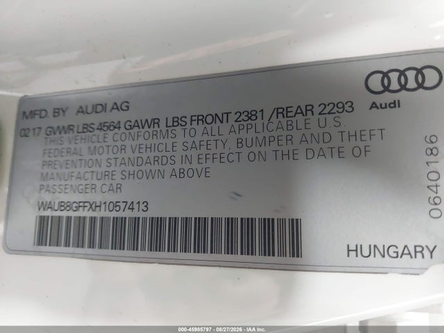 45985797 :رقم المزاد ، WAUB8GFFXH1057413 vin ، 2017 Audi A3 2.0t Premium مزاد بيع