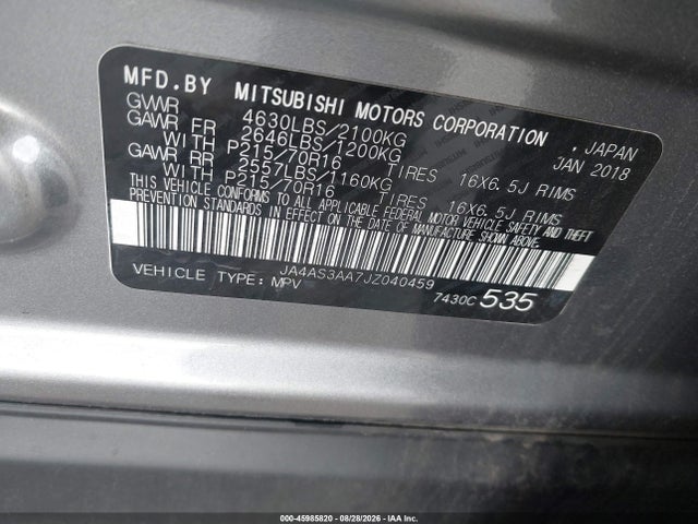 45985820 :رقم المزاد ، JA4AS3AA7JZ040459 vin ، 2018 Mitsubishi Eclipse Cross Es مزاد بيع