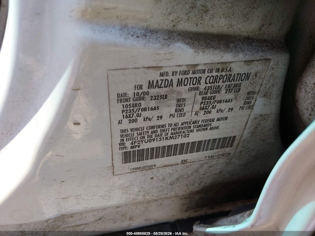 45985829 :رقم المزاد ، 4F2YU09131KM27102 vin ، 2001 Mazda Tribute Es V6/lx V6 مزاد بيع