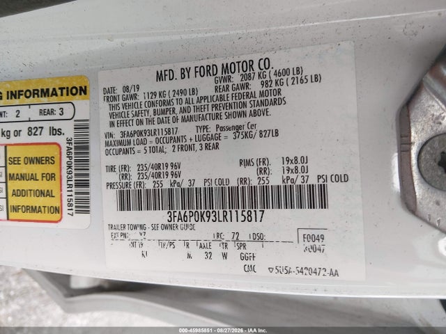 Продажа на аукционе авто 2020 Ford Fusion Titanium, vin: 3FA6P0K93LR115817, номер лота: 45985851