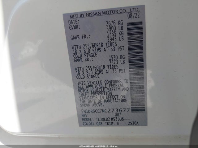 Aukcja sprzedaży 2022 Nissan Pathfinder Sl 4wd, vin: 5N1DR3CC7NC273677, numer aukcji: 45985858