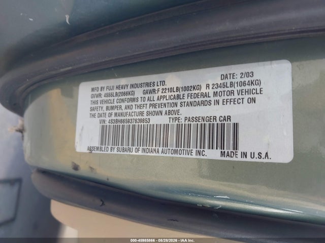 2003 Subaru Outback მანქანა იყიდება აუქციონზე, vin: 4S3BH665937639853, აუქციონის ნომერი: 45985866