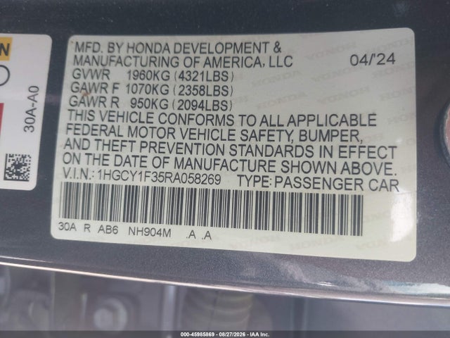 2024 Honda Accord Ex მანქანა იყიდება აუქციონზე, vin: 1HGCY1F35RA058269, აუქციონის ნომერი: 45985869