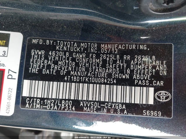 Продаж на аукціоні авто 2013 Toyota Camry Hybrid Xle, vin: 4T1BD1FK1DU084254, номер лоту: 45985915