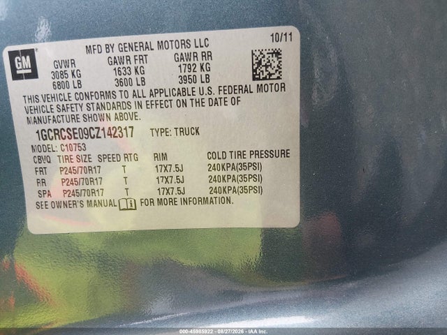 Продаж на аукціоні авто 2012 Chevrolet Silverado 1500 Lt, vin: 1GCRCSE09CZ142317, номер лоту: 45985922