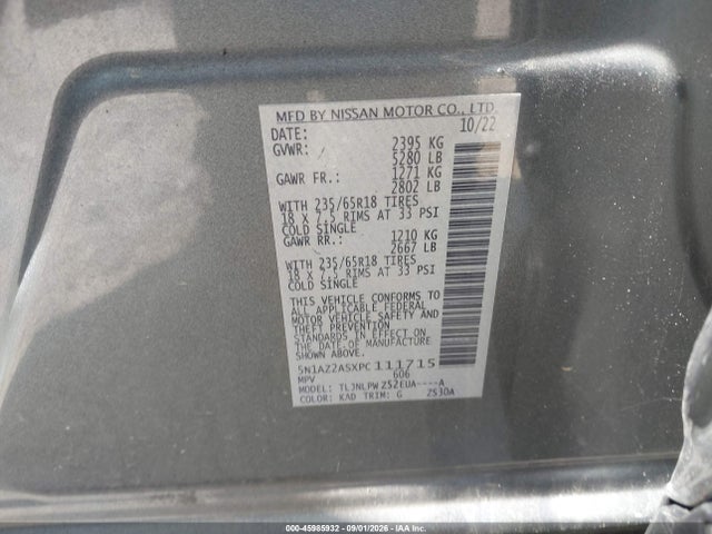 2023 Nissan Murano S Intelligent Awd მანქანა იყიდება აუქციონზე, vin: 5N1AZ2ASXPC111715, აუქციონის ნომერი: 45985932