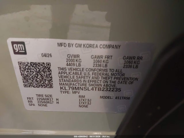 45985942 :رقم المزاد ، KL79MNSL4TB232235 vin ، 2026 Chevrolet Trailblazer Awd Ls مزاد بيع