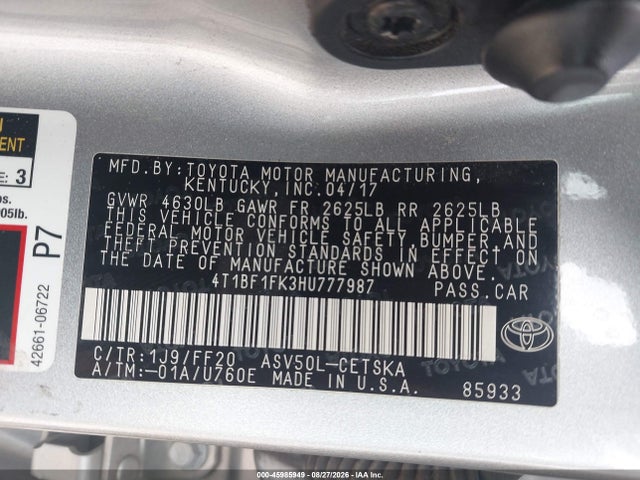 Aukcja sprzedaży 2017 Toyota Camry Se, vin: 4T1BF1FK3HU777987, numer aukcji: 45985949