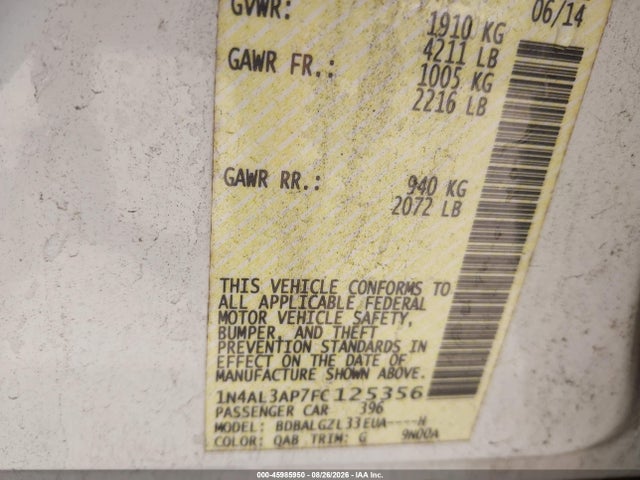 Продажа на аукционе авто 2015 Nissan Altima 2.5 S, vin: 1N4AL3AP7FC125356, номер лота: 45985950