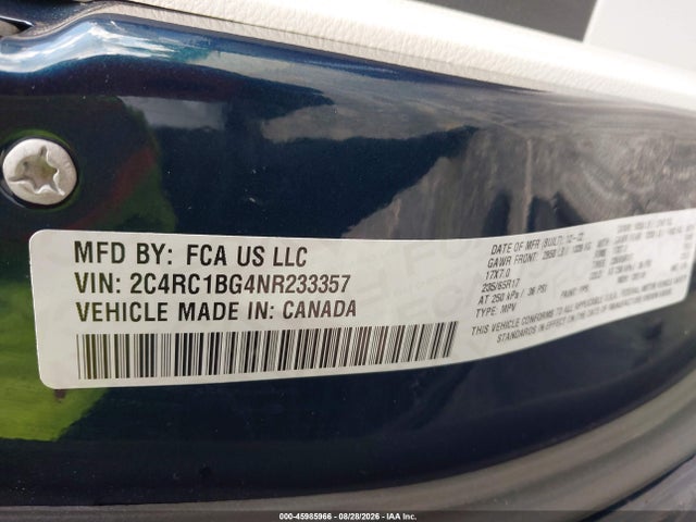 Продаж на аукціоні авто 2022 Chrysler Pacifica Touring L, vin: 2C4RC1BG4NR233357, номер лоту: 45985966