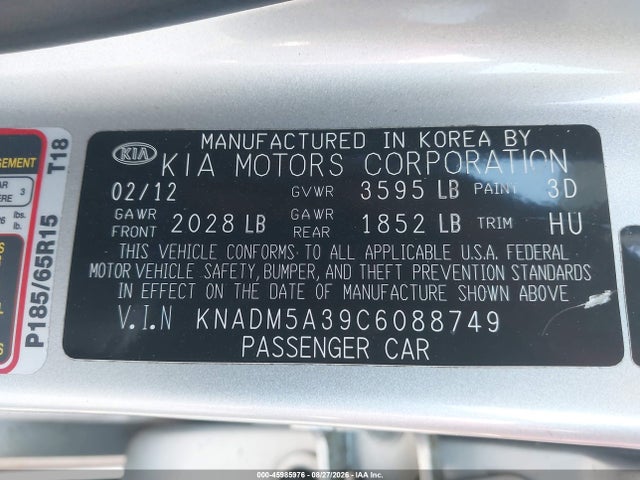 Aukcja sprzedaży 2012 Kia Rio5 Lx, vin: KNADM5A39C6088749, numer aukcji: 45985976
