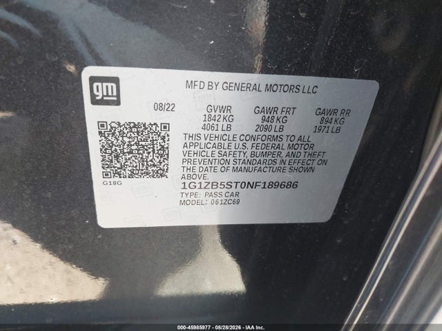 45985977 :رقم المزاد ، 1G1ZB5ST0NF189686 vin ، 2022 Chevrolet Malibu Fwd Ls مزاد بيع