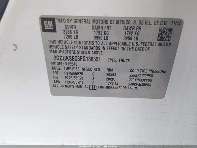 45985979 :رقم المزاد ، 3GCUKSEC3FG188351 vin ، 2015 Chevrolet Silverado 1500 1lz مزاد بيع