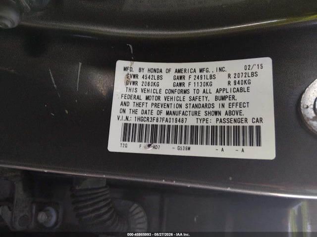 45985993 :رقم المزاد ، 1HGCR3F87FA019487 vin ، 2015 Honda Accord Ex-l V-6 مزاد بيع