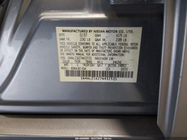 2007 Nissan Altima 2.5 S მანქანა იყიდება აუქციონზე, vin: 1N4AL21E27N432531, აუქციონის ნომერი: 45985995