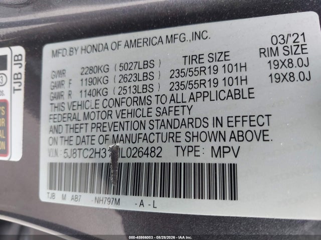 45986003 :رقم المزاد ، 5J8TC2H31ML026482 vin ، 2021 Acura Rdx Standard مزاد بيع